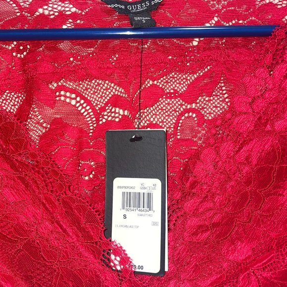 Guess Lace V-Neck Red Long Sleeve Shirt Size Small - Picture 3 of 3